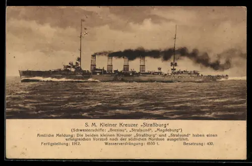 AK Kleiner Kreuzer S.M.S. Strassburg in voller Fahrt, Kriegsschiff