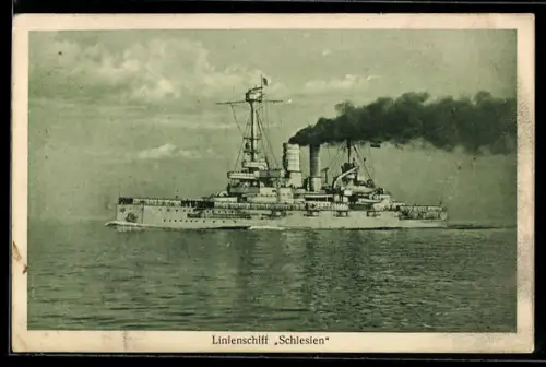 AK Linienschiff Schlesien der Reichsmarine hohe Fahrt laufend
