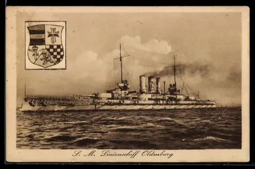 AK Linienschiff S.M.S. Oldenburg langsame Fahrt laufend, Kriegsschiff