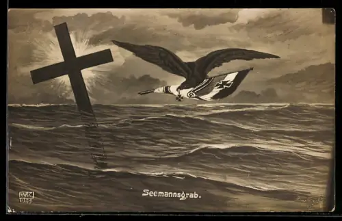 AK Adler mit Reichskriegsflagge und Eisernem Kreuz 1914 über Seemannsgrab