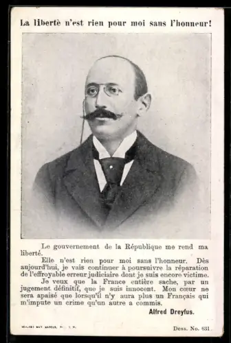 AK Portrait von Alfred Dreyfus, La liberté n`est rien pour moi sans l`honneur