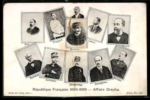 AK Portraits von Dreyfus, Zola, Labori und Picquart, Dreyfus-Affäre