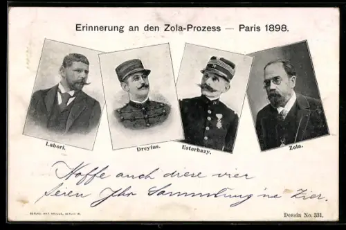AK Paris, Affaire Dreyfus, Zola-Prozess 1898, Porträts von Esterhazy, Labori, Zola und Dreyfus