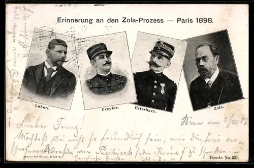AK Paris, Portraits von Labori, Dreyfus, Esterhazy und Zola, Dreyfus-Affäre