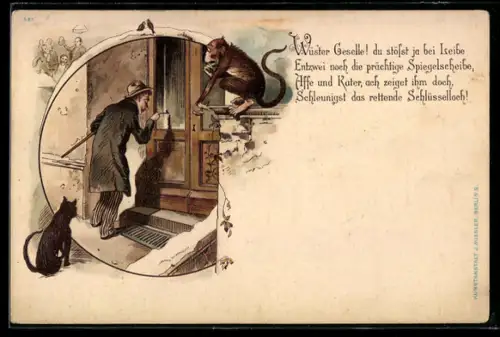 AK Betrunkener Mann findet das Schlüsselloch an seiner Haustür nicht mehr