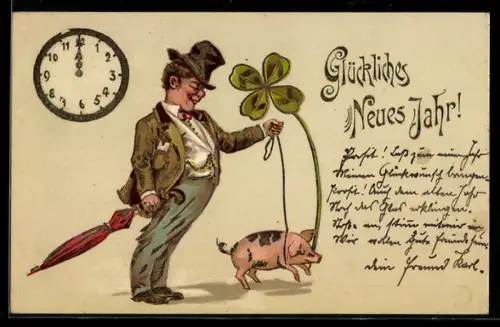 AK Betrunkener Mann mit Glücksschwein und Kleeblatt