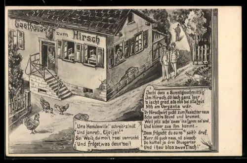 AK Betrunkener hockt am Fenster vom Gasthaus zum Hirsch, daneben drei Passanten