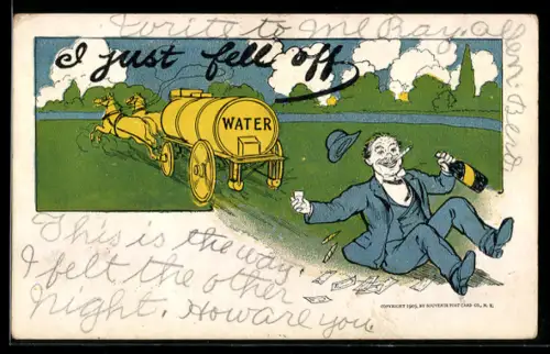 AK Betrunkener und rauchender Mann fällt von einem Wassertank auf einer Kutsche