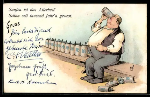 AK Mann leert einen Deckelschoppen nach dem nächsten