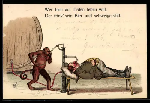 Künstler-AK Affe im Bierhaus pumpt Alkohol in liegenden Mann