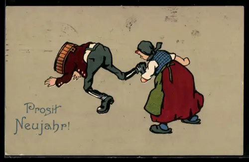 Künstler-AK Prosit Neujahr, Frau hat ihrem Mann einen Waschzuber übergestülpt, frauenfeindlicher Humor