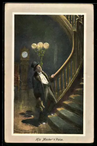 AK Betrunkener Mann steht bei seiner Heimkehr an einer Treppe