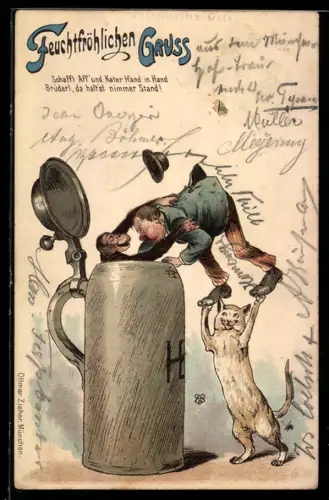 AK Affe und Katze helfen einem Mann dabei, in einen Deckelschoppen zu klettern