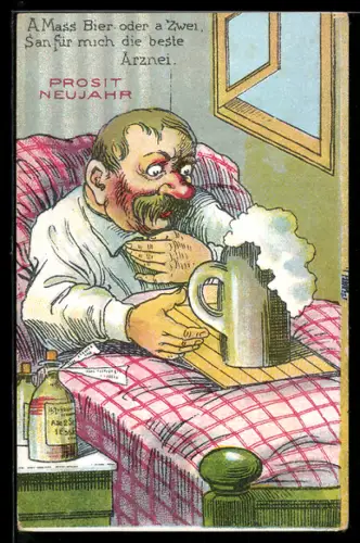 AK Im Bett liegender Mann hilft seiner Gesundheit mit einem Frühstücksbier