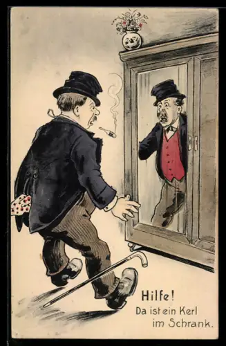 AK Hilfe! Da ist ein Kerl im Schrank, Trinker erschreckt sich vor seinem Spiegelbild