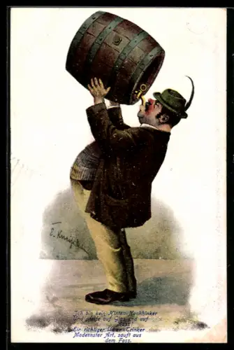 AK korpulenter Mann trinkt aus Bierfass, Spruch