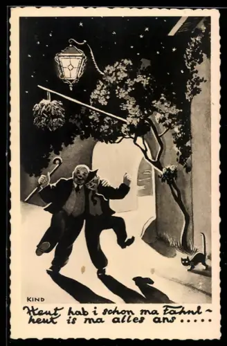 AK Zwei Trinker stolpern im Laternenschein durch die Nacht