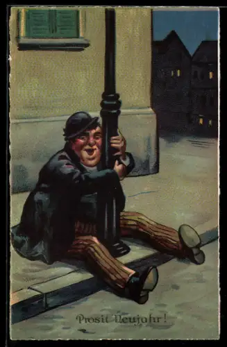 AK Betrunkener Mann umarmt einen Laterne bei Nacht