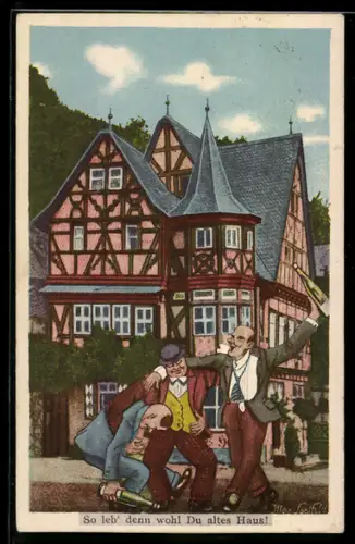AK Fröhliche Betrunkene vor einem Haus