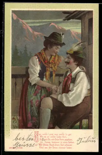 Lithographie Paar in Tracht in trauter Zweisamkeit, Liebespaar