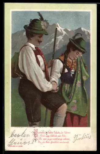 Lithographie Liebespaar in Tracht auf Wanderung im Hochgebirge
