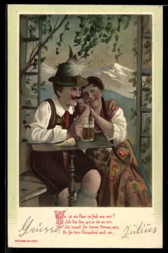 Lithographie Liebespaar in Tracht beim Biertrinken auf der Veranda