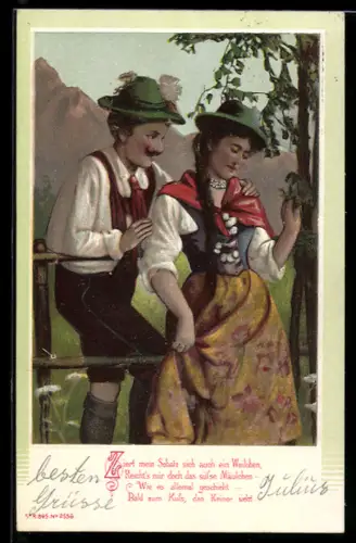 Lithographie Liebespaar in trauter Zweisamkeit im Hochgebirge