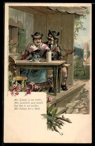 Lithographie Paar in Tracht mit Bierkrug auf der Terrasse, Liebespaar