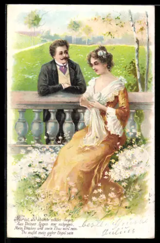 Lithographie Junges Liebespaar in einer Parklandschaft