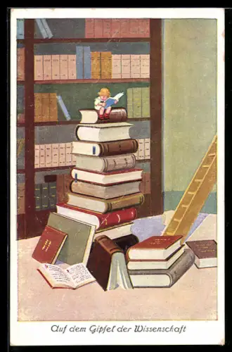 AK der Bücherwurm, kleines Kind sitzt auf einem Stapel Bücher, Bibliothek
