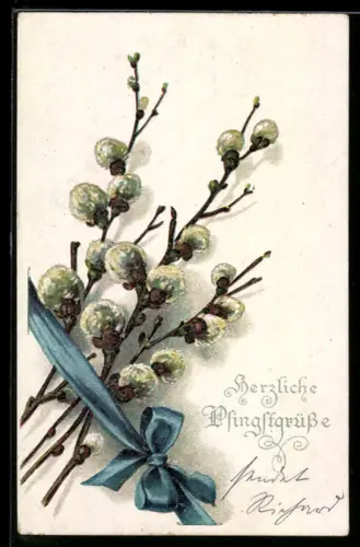 AK Weidenkätzchen und blaue Schleife, Pfingstgrüsse