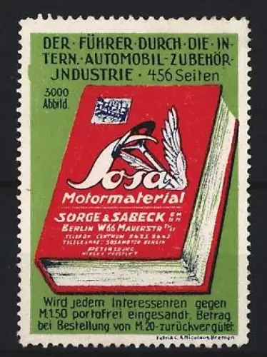 Reklamemarke Berlin, Sorge & Sabeck, Sosa-Motormaterial, Automobil-Zubehörführer