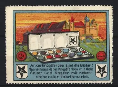 Reklamemarke Ankerknopffarben, Tuschkasten vor Burg