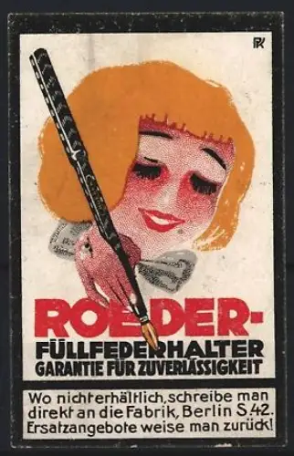 Reklamemarke Berlin, Roder Füllfederhalter, Frau mit Füllfederhalter