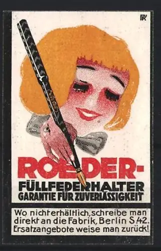 Reklamemarke Berlin, Roeder Füllfederhalter, Frau mit Federhalter