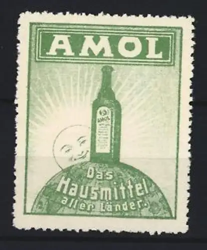 Reklamemarke Amol, Das Hausmittel aller Länder, Flasche auf Globus