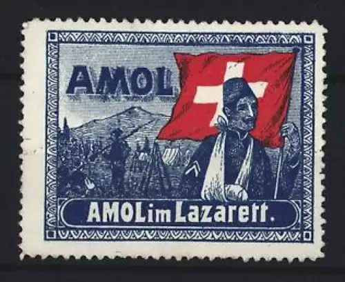 Reklamemarke Amol, Verwundeter Soldat im Lazarett, Schweizer Flagge