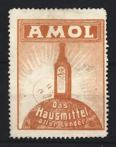 Reklamemarke Amol, Das Hausmittel aller Länder, Flasche auf Globus mit Sonne