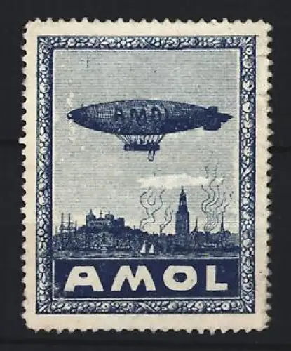 Reklamemarke Amol, Luftschiff über Ortsansicht, Zeppelin