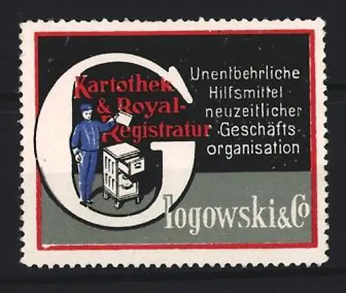 Reklamemarke Logowski & Co, Kartothek & Royal Registratur, Büroangestellter mit Registratur