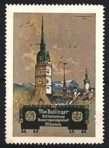 Reklamemarke München, Max Bullinger, Papierspezialgeschäft, Kirchturm