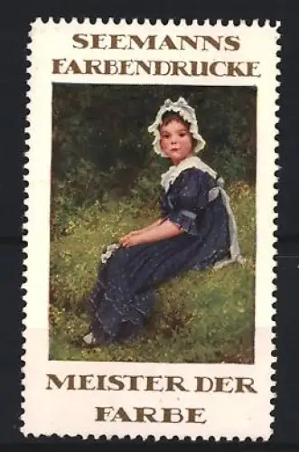 Reklamemarke Seemann`s Farbendrucke, Mädchen im blauen Kleid