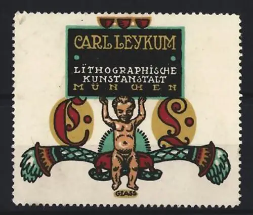 Reklamemarke München, Carl Leykum, Lithographische Kunstanstalt, Putto mit Schild