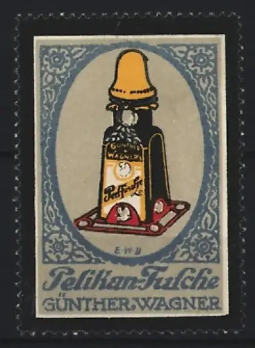 Reklamemarke Pelikan-Tusche, Günther Wagner, Tintenflasche