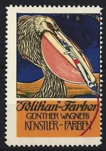 Reklamemarke Günther Wagner, Pelikan-Farben, Pelikan mit Farbtube