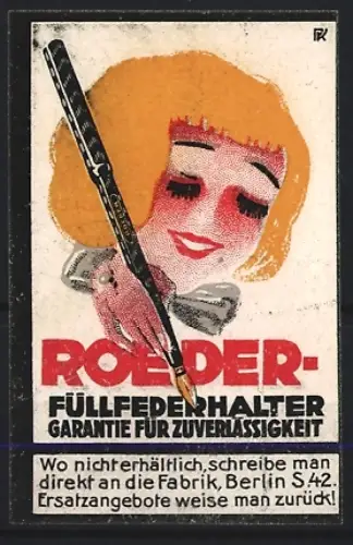 Reklamemarke Berlin, Roder Füllfederhalter, lächelndes Gesicht
