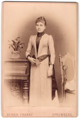 Fotografie Bernh. Franke, Spremberg, Dame im eleganten Kleid neben Tisch mit Pflanze