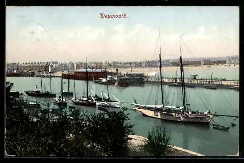 AK Weymouth, Hafenansicht mit Segelbooten und Uferpromenade