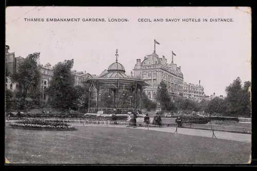 AK London, Thames Embankment Gardens, Cecil and Savoy Hotels in Distance