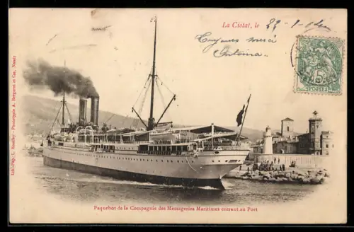AK La Ciotat, Paquebot de la Compagnie des Messageries Maritimes entrant au Port
